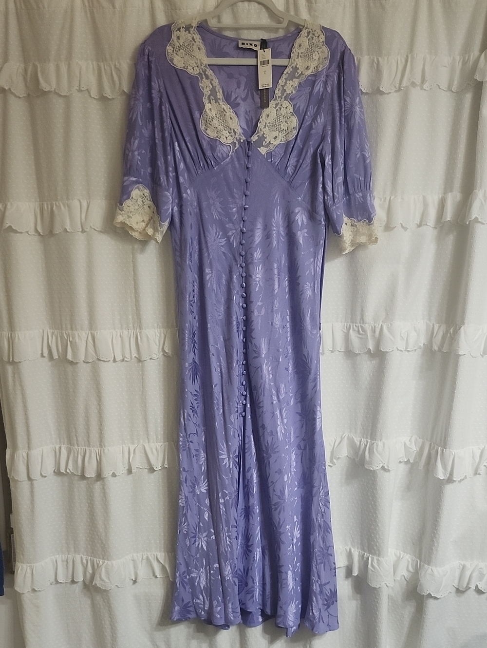 Rixo Lavender Maxi Dress with Cream Lace Trim